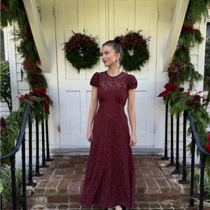NWT Doen Katarina Lace Short Puff Sleeve A Line Maxi Dress Black Cherry Burgundy